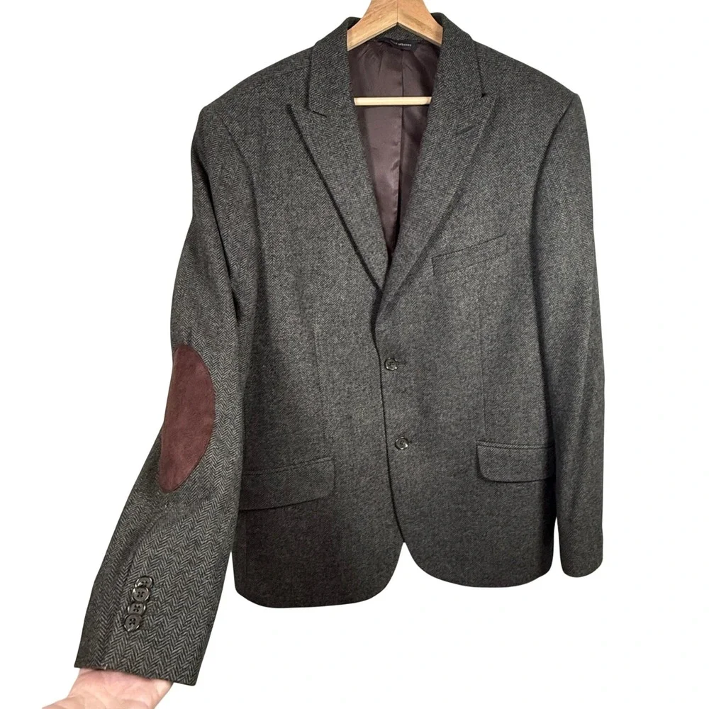 Banana Republic Men Brown Herringbone Blazer Elbow Patches 46R Dark Academia EUC